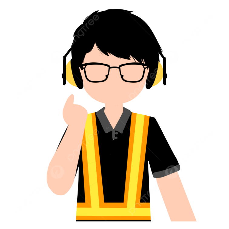 Ilustración de trabajador con orejeras y chaleco reflectante: protección auditiva