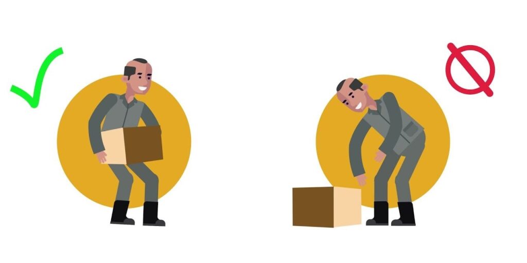 Ilustración de la forma correcta e incorrecta de levantar cajas