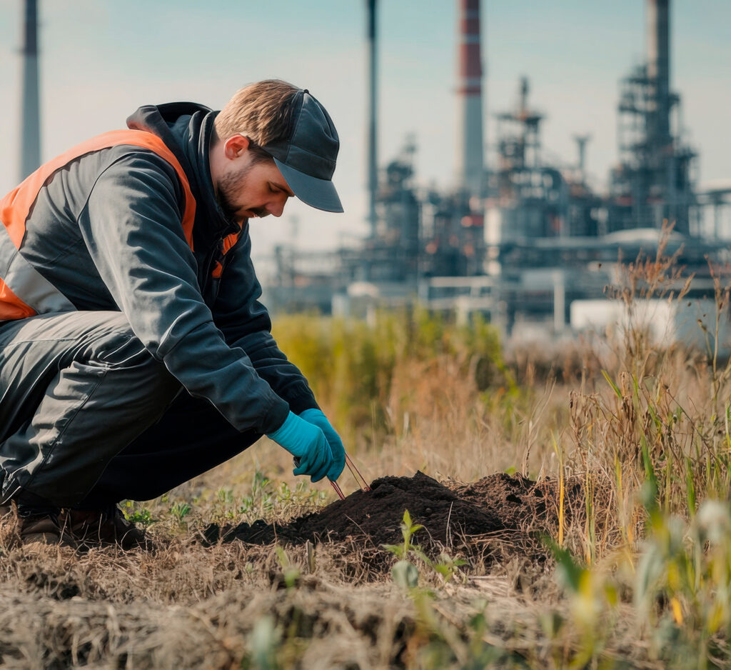 Técnico tomando una muestra de suelo en una planta industrial