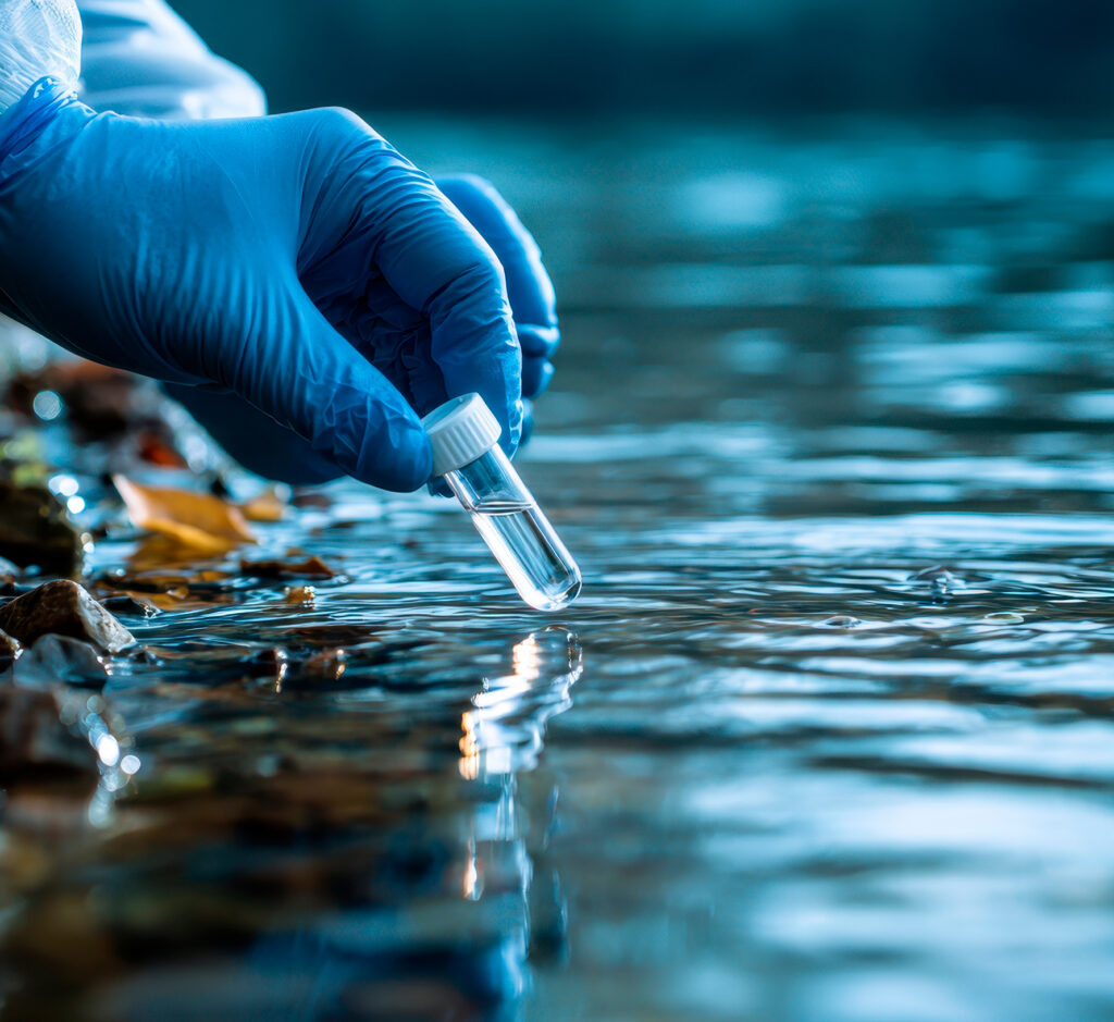 Toma de muestra de agua con pipeta y guantes azules para análisis ambiental