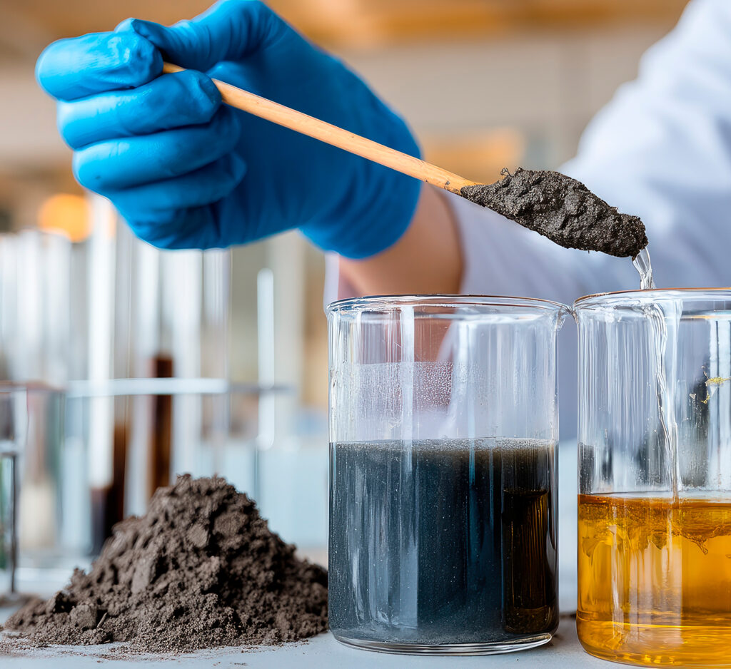 Técnico de laboratorio tomando una muestra de suelo junto a vasos de precipitados