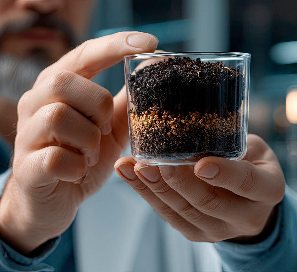 Manos sosteniendo una muestra de suelo en un vaso de laboratorio