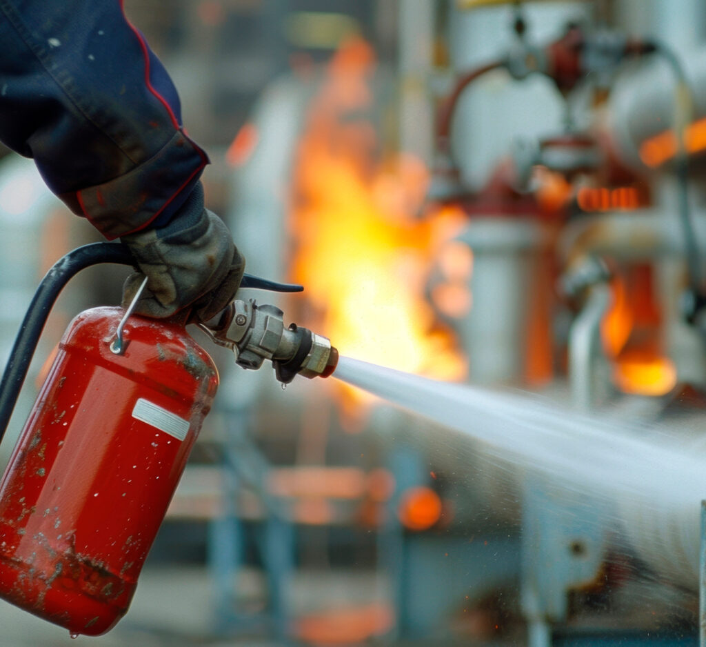 Combate de incendio con extintor en una planta industrial