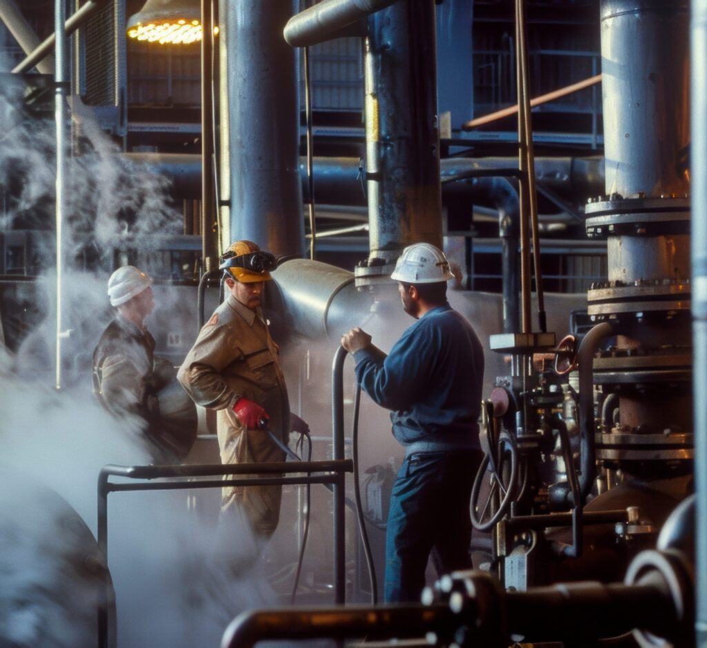 Personal revisando instalaciones industriales con vapor en una planta